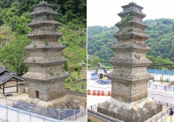 1000년이 넘는 역사를 간직한 국보 '안동 법흥사지 칠층전탑'의 상태가 심각하다는 진단 결과가 나왔다.   7일 국가유산청에 따르면 국립문화유산연구원은 올해 2월 열린 문화유산위원회 회의에서 이런 내용을 담은 2024년 중점 관리 대상 문화유산 모니터링 결과를 보고했다.   사진은 국보 '안동 법흥사지 칠층전탑' 세부 모습. 왼쪽은 남동 측면, 오른쪽은 북서 측면을 각각 촬영한 사진으로 2023년 중점 관리 대상 문화유산 모니터링 결과보고서에 실린 내용. 사진 국립문화유산연구원