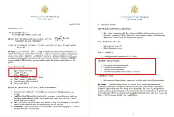 백악관은 13일(현지시간) 도널드 트럼프 대통령의 건강검진 결과를 공개했다. 검사 결과에 따르면 트럼프 대통령은 고콜레스테롤과 관련한 치료를 받고 있다. 트럼프 대통령은 햄버거와 콜라 등 패스트푸드를 즐긴다. 백악관 홈페이지 캡쳐
