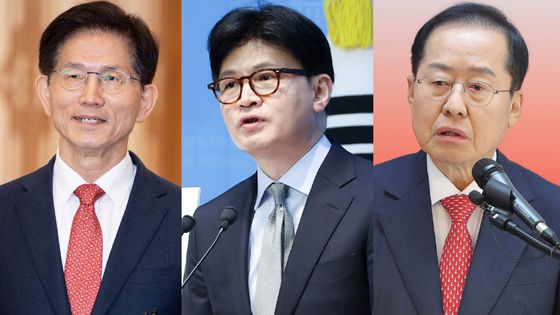 국민의힘 대선 경선에 출마한 김문수 후보(왼쪽부터), 한동훈 후보, 홍준표 후보. 중앙포토