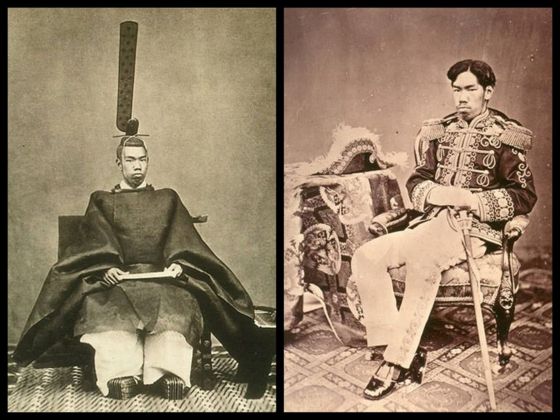 메이지 천황은 1867년 즉위식 때는 수염이 없었지만 1873년에 찍은 오른쪽 사진에는 수염이 보인다. [사진 윤상인]