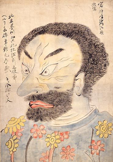 1854년 일본 시모다에 상륙한 페리 제독을 묘사한 니키시에(錦繪) 판화. [사진 윤상인]