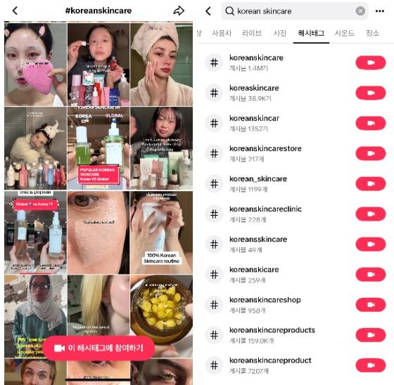 K-뷰티 흥행 요소로 꼽히는 SNS. 젊은 소비자들과 직접 소통하며 생산하는 콘텐트는 최신 K-뷰티 정보를 빠르게 확산한다. 사진 틱톡 화면 캡처
