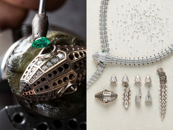 불가리의 주얼리는 이곳에서 전통 주얼리 제조 방식과 이를 더욱 정교하게 만들어주는 첨단 기술의 융합으로 만들어진다. 왼쪽은 세르펜티의 뱀 눈 부분에 장인이 보석을 세팅하는 모습이고, 오른쪽은 3D 프린터 등 첨단 기기로 만들어진 유닛들과 이를 조립해 완성된 세르펜티 네크리스의 모습이다. 사진 불가리