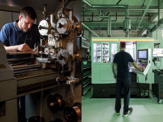 전통 방식의 주얼리 제조 과정(왼쪽)과 이를 지금에 맞게 적용한 첨단 제조 시설. 사진 불가리