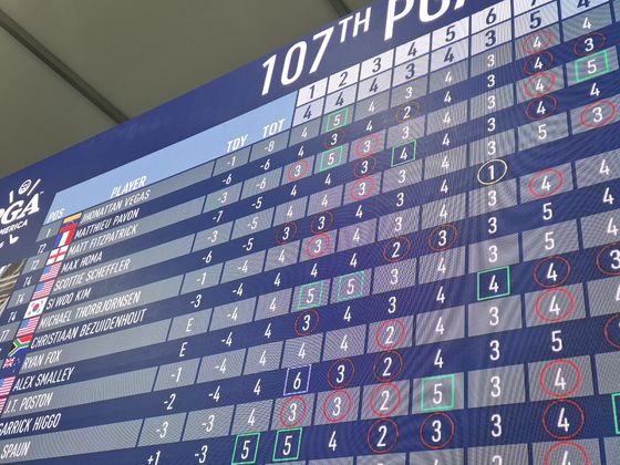 PGA 챔피언십 미디어 센터 스코어보드. 1이라고 써 있는 김시우의 홀인원 스코어가 보인다. 성호준 기자