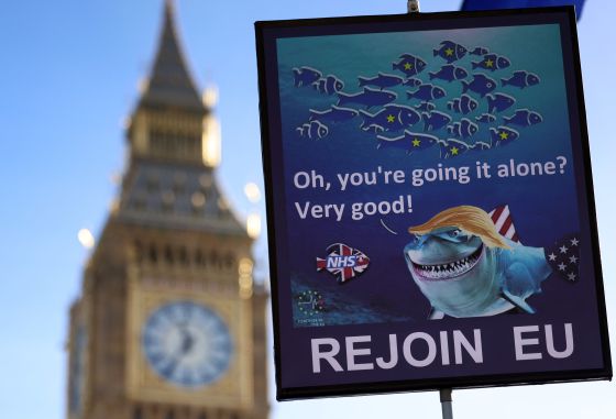 2025년 2월 5일 영국 런던에서 "EU에 다시 가입하자"는 내용의 플래카드를 든 시위대. EPA=연합뉴스