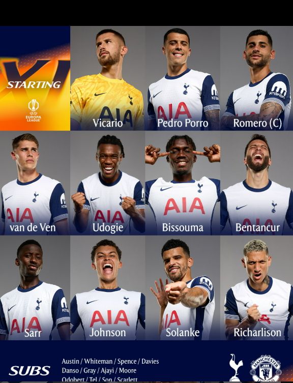 유로파리그 결승에 나설 토트넘 선발명단. 손흥민은 벤치에서 출격을 대기한다. [사진 토트넘 인스타그램]
