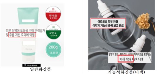 '주름 개선', '여드름 개선' 등을 홍보한 사례. 사진 식약처