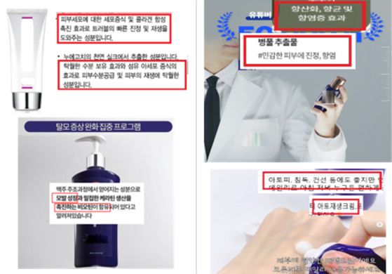 '피부염증 감소', '피부 재생', '항염' 등을 홍보한 사례. 사진 식약처
