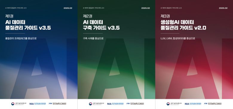 AI 데이터 품질관리 가이드라인 V3.5 표지. AI 데이터 품질관리 가이드라인 v3.5는 3권으로 구성되어 있다(왼쪽부터 1권, 2권, 3권)