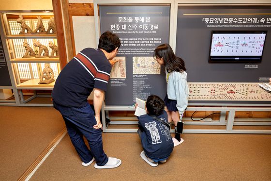 이충선(왼쪽) 학예연구사가 소중 학생기자단에 문헌을 통해 본 헌종 대 신주 이동경로를 설명했다.