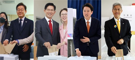 제21대 대통령선거 사전투표 첫날인 지난달 29일 왼쪽부터 이재명 더불어민주당,김문수 국민의힘, 이준석 개혁신당, 권영국 민주노동당 후보가 투표를 하고 있다. 연합뉴스