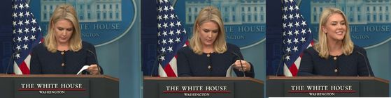 캐롤라인 레빗 미국 백악관 대변인이 3일(현지시간) 워싱턴 DC 백악관에서 열린 언론 브리핑에서 '이재명 대통령 당선에 대한 입장'을 묻는 질문에 준비해온 서류철을 뒤적이고 있다. 레빗 대변인은 결국 공식 입장을 담은 대목을 찾지 못했고 ″지금 없다. 곧 알려주겠다″고 했다. 백악관 유튜브 캡처