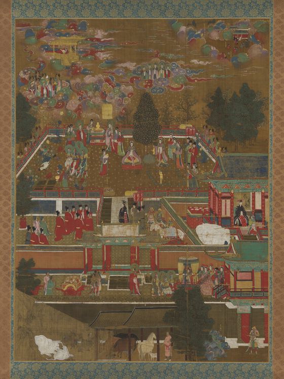 〈석가탄생도釋迦誕生圖〉 조선 15세기, 비단에 색과 금니, 145.0x109.0cm, 일본 혼가쿠지. 그림 중앙에는 석가모니 부처가 룸비니 동산에서 태어나는 모습을 그렸고, 시간적으로 전후에 해당하는 장면들을 배치했다. 이 그림에 나오는 장면은 조선 전기 왕실에서 지은 부처의 일대기인 『석보상절』에 실린 변상도와 매우 비슷하여, 왕실에서 만든 그림으로 추정한다. 사진 국립중앙박물관