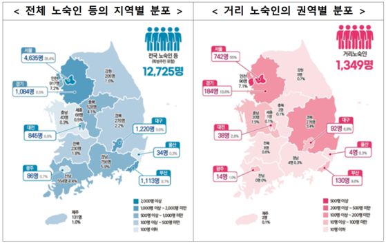 전체 노숙인 등의 지역별 분포(왼쪽)와 거리 노숙인의 지역별 분포. 자료 보건복지부