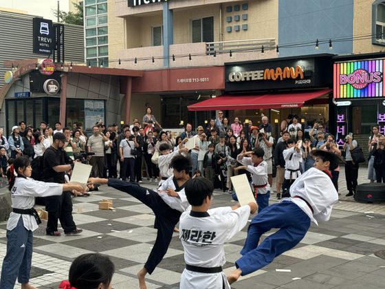 지난 8일부터 11일까지 3박 4일간 '제주와 함께하는 마음의 고향 여행'에 나선 입양인들이 제주시 연동 누웨마루거리에서 태권도 퍼포먼스를 관람하고 있다. 사진 제주관광공사