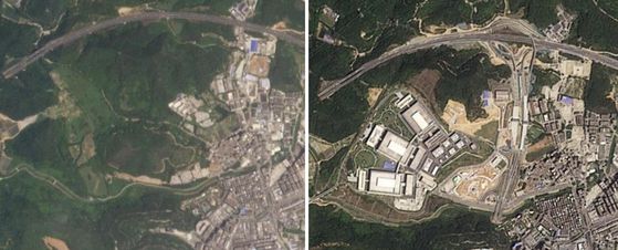 지난달 4일(현지시간) 미국 파이낸셜타임스(FT)는 2022년과 지난 달 찍은 위성사진을 비교하며 화웨이가 중국 선전시 관란 지역에 세 개의 첨단 반도체 공장 구축을 주도하고 있다고 보도했다. 파이낸셜타임스 캡처