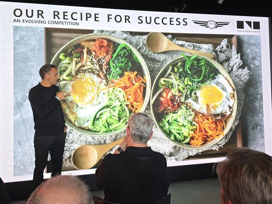 13일(현지시간) 시릴 아비테불 현대모터스포츠법인장 겸 제네시스 마그마 레이싱 총감독이 프랑스 르망에서 열린 내구 자동차 경기 대회 '르망24' 행사장에서 제네시스의 모터스포츠 전략을 설명하는 모습. 오삼권 기자