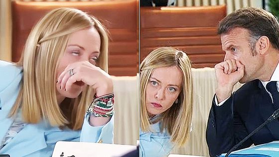 지난 16일(현지시간) 캐나다 앨버타주 캐내내스키스에서 열린 주요 7개국(G7) 정상회의에서 에마뉘엘 마크롱 프랑스 대통령(오른쪽)은 옆자리에 앉은 조르자 멜로니 이탈리아 총리에게 오랫동안 귓속말을 건넸고, 이를 듣던 멜로니 총리는 눈을 더 크게 뜨고 짜증스러운 듯 눈알을 위로 굴렸다. 사진 엑스 캡처