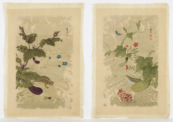 수리ㆍ복원되기 전의 '하마가자'와 '과전전계'. 장황(표구) 없이 낱장으로 보관돼 있었는데, 비단의 훼손이 심하다. 사진 간송미술문화재단