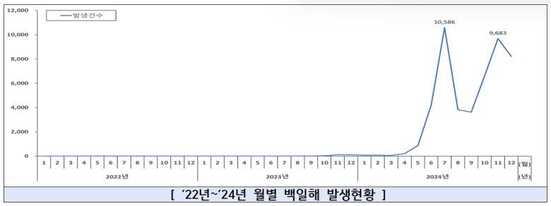 2022~2024년 월별 백일해 발생 현황. 지난해에 그래프가 크게 뛴 게 보인다. 자료 질병관리청