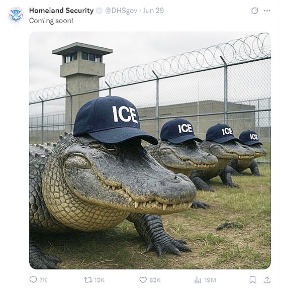 도널드 트럼프 대통령, 론 드산티스 플로리다 주지사, 크리스티 놈 국토안보부 장관이 1일(현지시간) 플로리다주에 늪지대 악어 서식지에 조성된 불법이민자 수용 시설을 둘러보고 있다. AP=연합뉴스