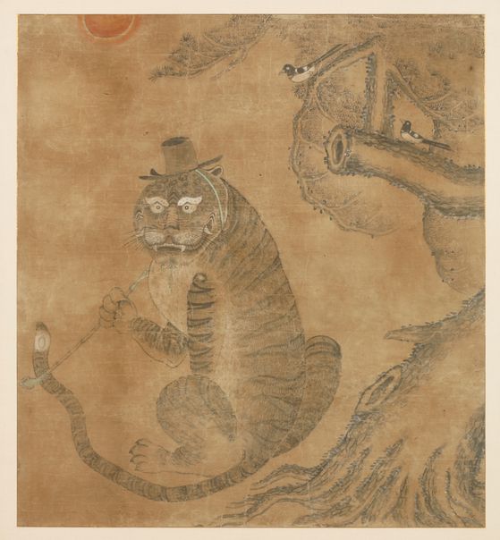 조선시대 '까치 호랑이' 민화 중 하나인 경기대학교 소성박물관 소장 '호질도(虎叱圖)'. 지본채색, 68x74cm [사진 경기도미술관]