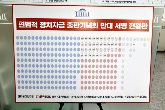 국민의힘 조지연 의원 방에 '출판기념회 금지법'에 동의한 의원들의 이름이 붙여진 현황판이 세워져 있다. 11일 기준 국민의힘·개혁신당 의원 39명이 이름을 올렸다. 조지연 의원실 제공