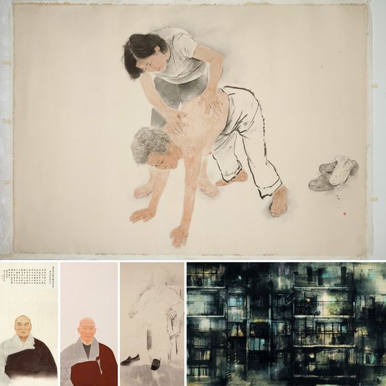 김호석 화백은 홍익대학교 재학 중이던 1979년 22세 나이로 등단한 수묵화가다. 위는 시어머니와 며느리의 훈훈한 정을 그린 '바람 목욕'. 아래 왼쪽 두 작품은 각각 성철 스님과 법정 스님 초상화. 그 오른쪽은 '얼굴 없는 노무현'으로, 김 화백이 노무현 전 대통령을 직접 만나 대화 끝에 그렸다고 한다. 김 화백은 ″나중에 러시아와 몽골의 알타이 암각화군을 보니, 이 '얼굴 없는 노무현'처럼 윤곽과 선으로 인물을 그렸더라. 미술의 시원은 암각화임을 다시 느꼈다″고 했다. 아래 맨 오른쪽은 김 화백이 1979년 중앙미술대전으로 등단했을 때 출품한 '아파트'. [사진 김호석]