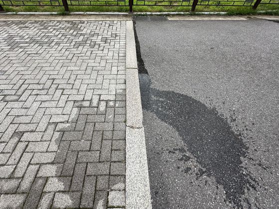 서울시 송파구 풍납동의 한 이면도로에 설치된 투수블록(왼쪽)과 아스팔트에 같은 양의 물을 부었다. 투수불록은 1m 이내에서 물이 흡수된 반면, 아스팔트에서는 물이 빗물받이까지 흘러갔다. 천권필 기자