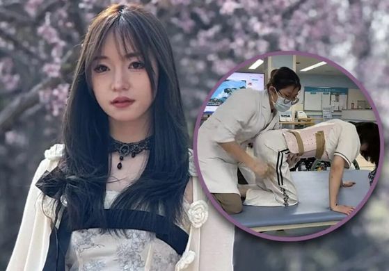 지난 4월 교통사고로 하반신 마비 상태가 된 바이씨의 모습. 왼쪽은 사고 당하기 전, 오른쪽 동그라미 속 사진은 하반신 마비 후의 모습이다. 사우스차이나모닝포스트 홈페이지 캡처