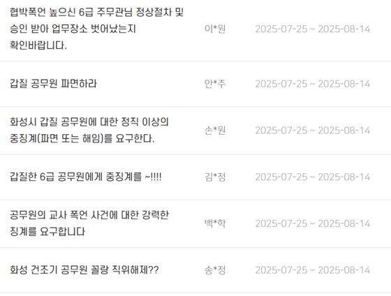 24일 오후 2시 화성시 소통게시판에 올라온 민원들글. 폭언을 한 것으로 알려진 6급 공무원을 파면해달라는 요청글이 700개 가량 올라와 있다. 화성시 홈페이지 캡처