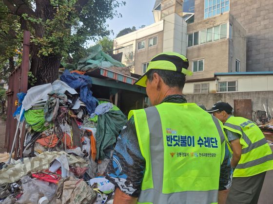 지난 24일 강동구 길동에 위치한 한 철물점에서 폐지 수집인들이 새벽부터 모아온 폐지를 팔고 있다. 모두 경찰이 나눠준 형광 조끼를 입고 있었다. 오소영 기자