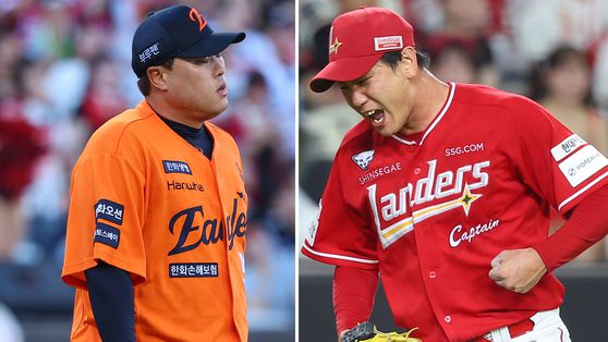 지난 26일 대전에서 18년 만에 처음 맞대결한 류현진(왼쪽)과 김광현. 연합뉴스