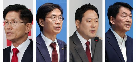국민의힘 전당대회에 출마하는 당권 주자. 왼쪽부터 김문수 전 고용노동부 장관, 조경태·장동혁·안철수 의원. 중앙포토