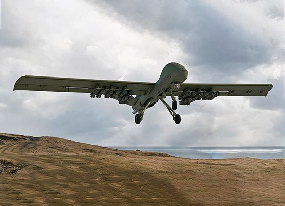 미국의 제너럴 아토믹스가 개발 중인 무인기 모하비 컴퓨터 그래픽. AGM-114 헬파이어 미사일을 최대 16발까지 달 수 있다. AH-64 아파치의 탑재량과 같다. 그러나 아파치는 헬파이어 16발과 함께 기관포로도 무장한다. GA-ASI