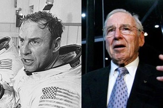 짐 러블이 1970년 4월 아폴로 13호 출발 전 기자회견을 모습(왼쪽)과 2006년 11월 미 시카고 애들러 천문관에서 열린 '달을 향해' 전시회 개막식에 참석한 모습. AP=연합뉴스