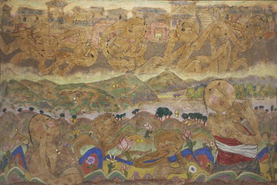 최영림, 봄동산, 1982, 캔버스에 유화 물감, 흙, 127x191cm. 서울미술관 소장. [사진 국립현대미술관]