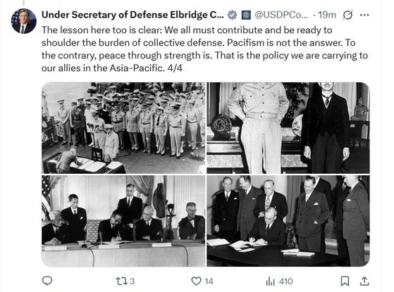 트럼프 2기 행정부 국방정책의 '키맨'으로 꼽히는 엘브리지 콜비 미 국방부 정책차관은 14일(현지시간) 자신의 X계정에 한국을 비롯한 아시아 동맹국들을 향해 ″모두 집단 방어의 부담을 짊어지고 이에 기여할 준비가 돼 있어야 한다″는 글을 올렸다. 콜비 차관 X