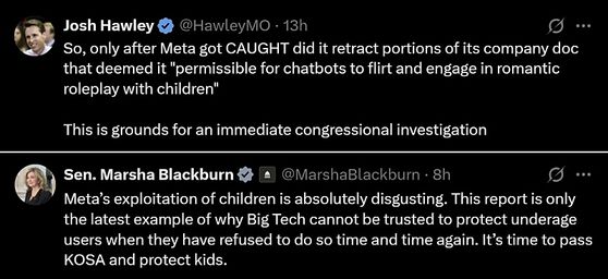 메타플랫폼이 미성년자 상대 성적 대화를 일부 허용하는 내부 인공지능(AI) 운영 지침을 가지고 있다는 사실이 14일(현지시간) 로이터 보도로 알려지자 조쉬 홀리(Josh Hawley) 미주리주 공화당 상원 의원은 X에 올린 글에서 “메타가 적발된 후에야 회사 문서의 일부를 철회했다”며 “이는 의회의 즉각적인 조사를 필요로 하는 근거가 된다”고 밝혔다. 마샤 블랙번(Marsha Blackburn) 테네시주 공화당 상원 의원도 X에 “메타의 아동 착취는 정말 역겹다. 이 보고서는 빅테크 기업들이 미성년자 사용자를 보호할 수 없다는 것을 보여주는 최근 사례”라며 “미성년자 보호법(KOSA)를 통과시켜 아이들을 보호해야 할 때”라고 썼다. X캡처