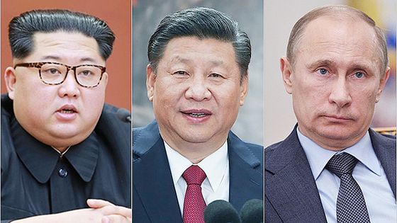 왼쪽부터 김정은 북한 국무위원장, 시진핑(習近平) 중국 국가주석, 블라디미르 푸틴 러시아 대통령. 중앙포토