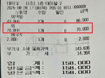 A씨의 구매 영수증. 회백반 2인 8만6000원 외에 회 7만원이 따로 부과돼 있다. 사진 온라인 커뮤니티 캡처