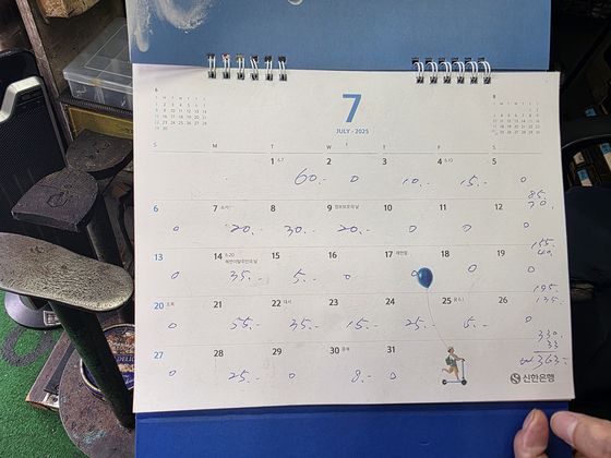 구두수선공 조모(75)씨가 7월 매출액이 적힌 달력을 들고 있다. 김경희 기자