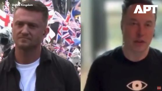 13일(현지시간) 집회를 개최한 영국 극우 활동가 토미 로빈슨과 화상통화 연결된 일론 머스크 테슬라 CEO(오른쪽). 사진 유튜브 캡처