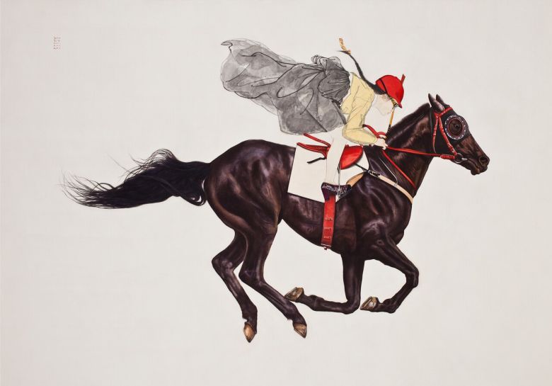 김현정, '내숭:달려가마(馬)', 한지 위에 수묵과 담채, 127x183㎝, 2015.