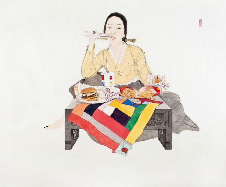 김현정, '내숭: 투혼', 한지 위에 수묵과 담채, 111x129.5㎝, 2013.