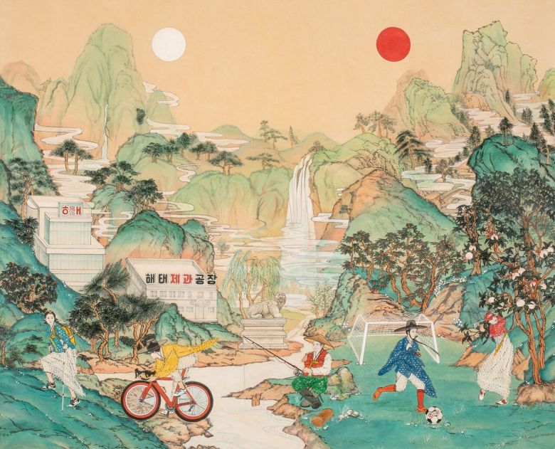 '내숭: 신십장생도(feat. 해태제과 연양갱)', 한지 위에 수묵과 담채, 85x59㎝, 2021. [사진 김현정 화가]