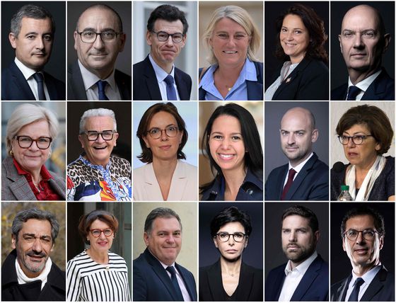 세바스티앵 르코르뉘 프랑스 총리가 발표한 2기 내각의 주요 인사들. 제랄드 다르마냉 법무장관(윗줄 맨 왼쪽), 카트린 보트랑 국방장관(가운데 줄 맨 왼쪽) 등 총 34명의 범여권 및 우파 공화당, 시민사회 출신 인사들로 구성됐다. AFP=연합뉴스