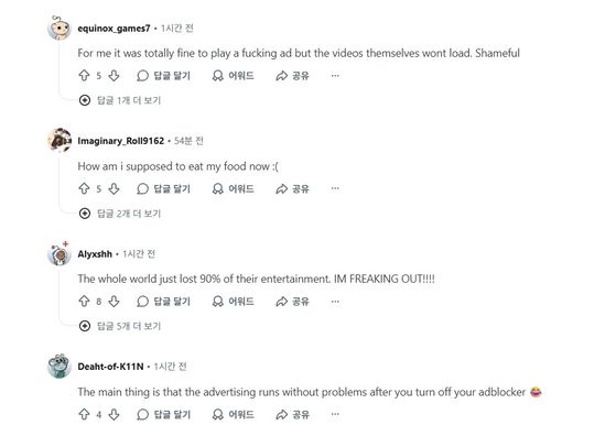 유튜브 재생 장애에 대한 레딧 사용자 반응. 레딧 캡처