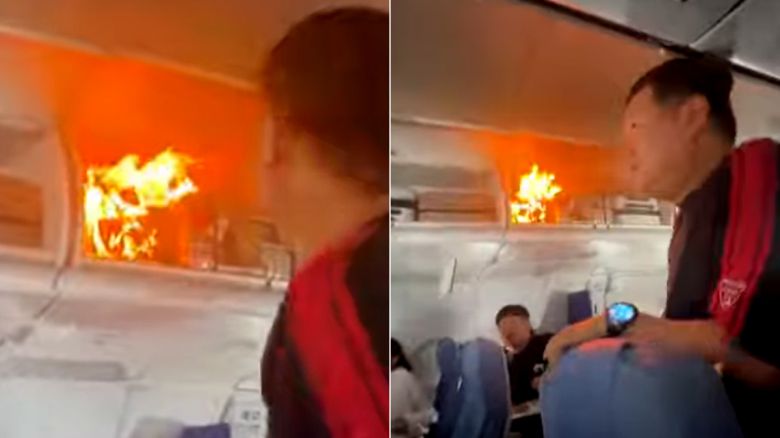 18일(현지시간) 오전 9시 47분 중국 항저우 샤오산국제공항을 이륙한 중국국제항공 CA139편(에어버스 A321) 여객기 기내에서 수화물 선반에 있던 리튬배터리가 자연 발화해 화재가 발생하는 사고가 발생했다. 사진 웨이보 캡처